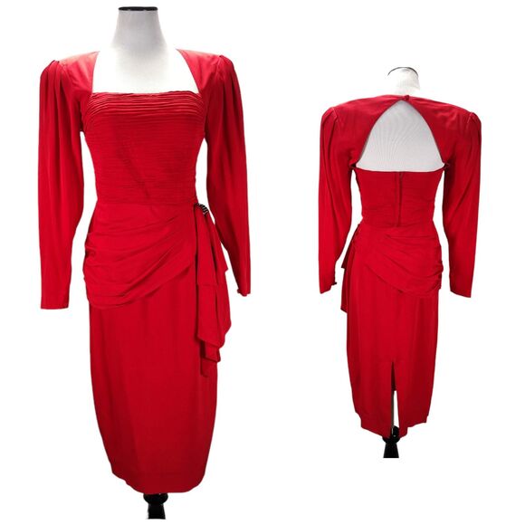Vintage 90s Red Fitted Midi Cocktail Dress Size S Draped Open Back Square Neck - Picture 2 of 16